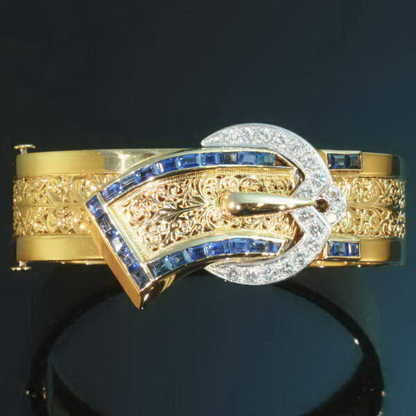 Vintage belt shaped gold bangle sapphire diamond setting